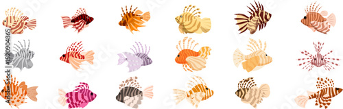 Lionfish icons set. Set of colorful lionfish variations, showcasing their vibrant hues and intricate patterns