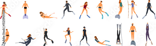 Free diving icons set. Professional divers are swimming underwater, exploring the sea world and enjoying water activities