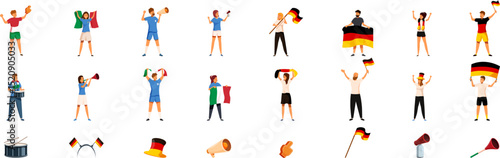 Soccer fans stadium icons set. Diverse group of enthusiastic football fans celebrating with flags, megaphones, and musical instruments, expressing their support and excitement