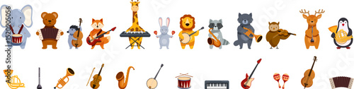Animal music band icons set. Adorable cartoon animals playing various musical instruments, creating a cheerful and vibrant musical scene