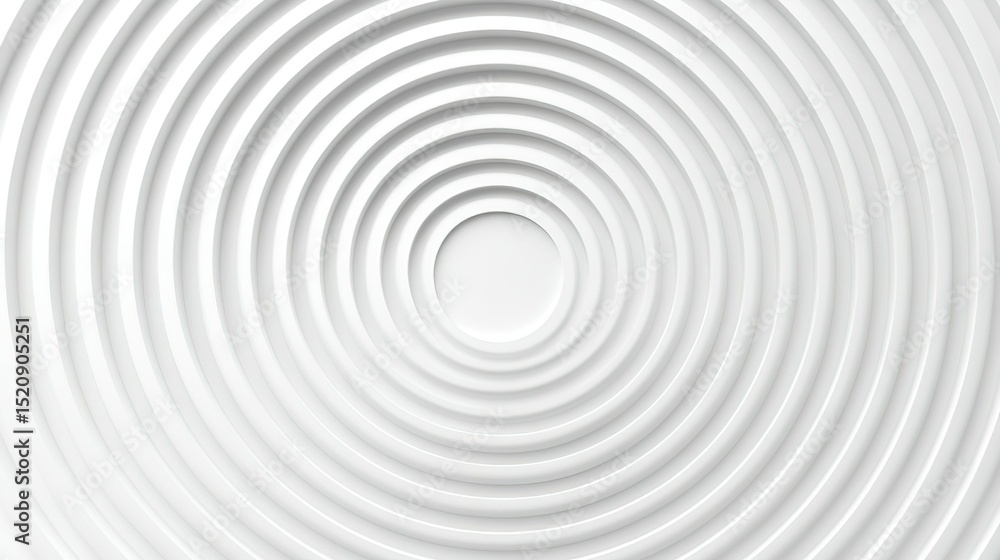 Fototapeta premium Minimalist gray and white concentric ripple circles flat lay on white background, Zen-inspired geometric texture with orderly wave patterns for digital design, abstract wallpaper, and modern decor.