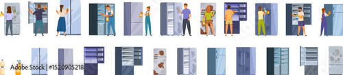Refrigerator cleaning icons set. People are cleaning, repairing, and using refrigerators, showcasing various kitchen appliance maintenance scenarios