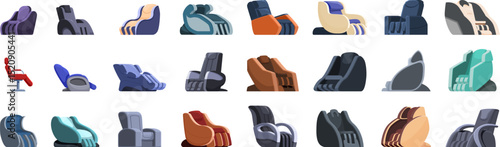 Massage chair icons set. Massage chairs offering relaxing and invigorating experiences for home and business