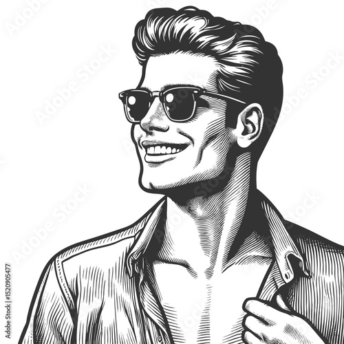 man wearing sunglasses and confidently unbuttoning his shirt with a broad smile sketch engraving generative ai fictional character vector illustration. Scratch board imitation. Black and white image.