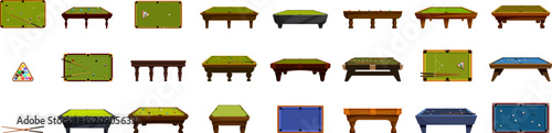 Billiard table icons set. Set of billiard tables showing various game stages and table designs, ideal for illustrating game concepts or leisure activities