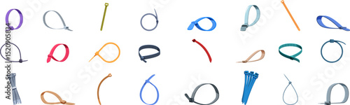 Cable ties icons set. Set of colorful cable ties are displayed, showcasing their utility in bundling and organizing wires and cables