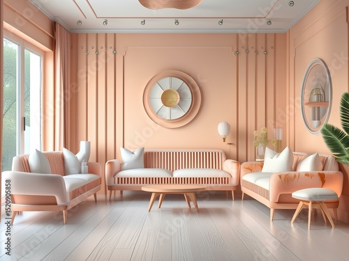 Peach Fuzz Living Room with Peach Armchair, Peach Walls, Color of the Year 2025