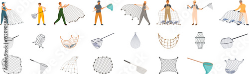Fishing net icons set. Fishermen using different types of fishing nets, showcasing various net designs used in the fishing industry for efficient catches