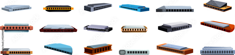 Harmonica icons set. Set of harmonicas showcasing various designs, colors, and sizes, suitable for blues, folk, rock, country, and jazz music Harmonica icons set. Set of harmonicas showcasing various designs, colors, and sizes, suitable for blues, folk, rock, country, and jazz music