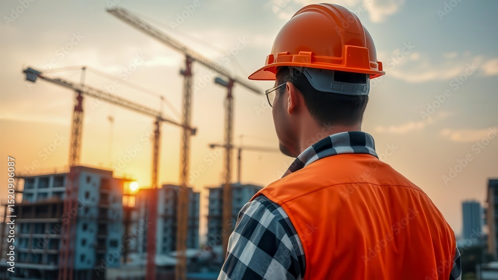 A worker in an orange hard hat at a construction site watches urban development against the backdrop of a sunset. Cranes and buildings emphasize the scale of the construction and the industry. A worker in an orange hard hat at a construction site watches urban development against the backdrop of a sunset. Cranes and buildings emphasize the scale of the construction and the industry.