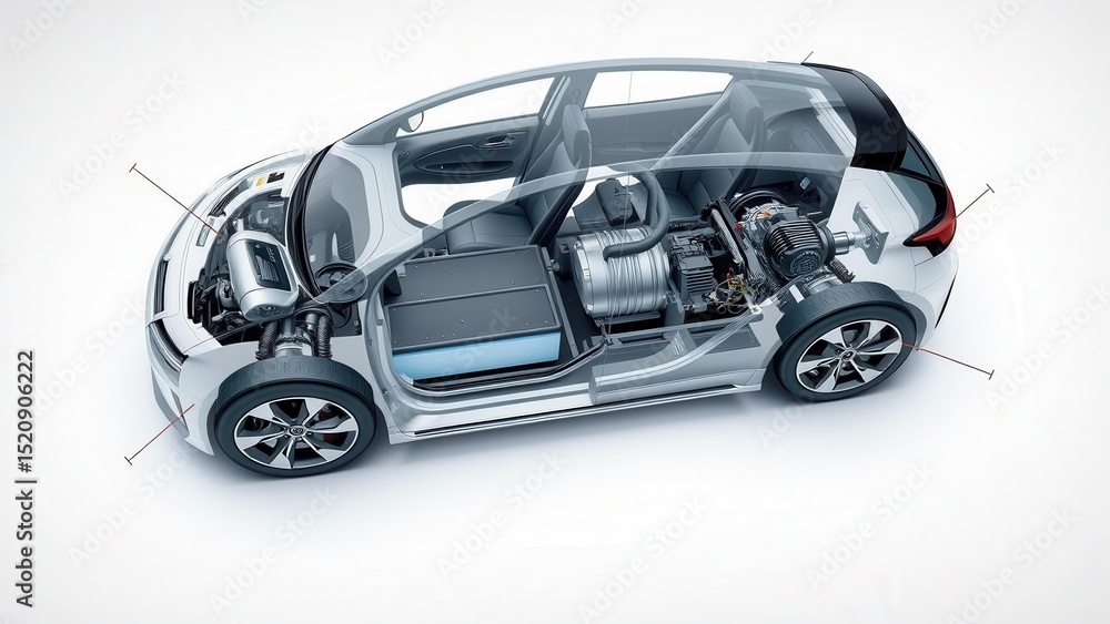 Electric vehicle cross section showing lithium-ion battery and powertrain components. Image emphasizes technical structure. Suitable for eco-transport and technology topics. Electric vehicle cross section showing lithium-ion battery and powertrain components. Image emphasizes technical structure. Suitable for eco-transport and technology topics.