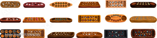 Mancala icons set. Set of mancala boards showcasing diverse designs, materials, and game stages, celebrating strategy and cultural heritage
