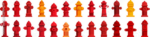 Fire hydrant icons set. Different fire hydrant designs ensure water access for firefighters during emergencies, safeguarding communities