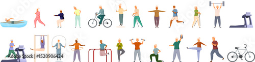 Pensioner cardio training icons set. Elderly people performing physical activities like swimming, cycling, yoga, and weightlifting, promoting health and wellness in old age