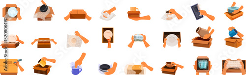 Hands packing fragile icons set. Hands packing fragile items like dishes, cups, and vases using bubble wrap and cardboard boxes, ensuring safe relocation