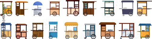 Meatball cart icons set. Street food carts showcasing a variety of designs and culinary offerings, representing mobile food vendors