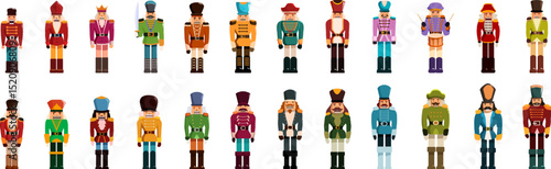 Nutcracker icons set. Festive christmas nutcrackers wearing colorful traditional uniforms stand at attention, ready to celebrate the holiday season