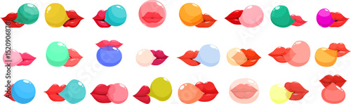 Lips bubble gum icons set. Vibrant lips and bubbles arranged in playful, colorful rows