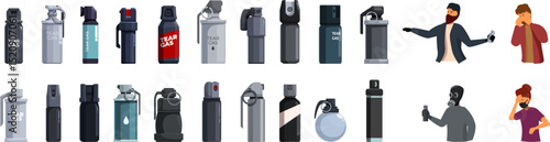 Tear gas icons set. Different types of tear gas canisters and pepper spray being used by protesters and police during demonstrations