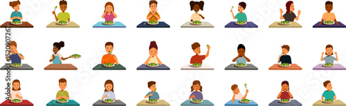 Children eat broccoli icons set. Diverse group of children eating broccoli, exhibiting various reactions and emotions to the taste