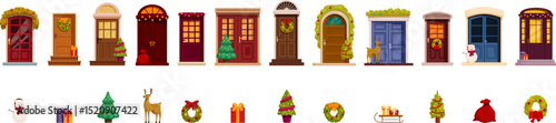 Christmas door facade icons set. Set of colorful christmas decorated front doors with festive elements like wreaths, trees, reindeer, santa bag, snowman and gifts