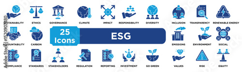 ESG  icon collection set. Containing sustainability,ethics,governance,climate,impact,responsibility,diversity,inclusion,transparency,renewable icon. solid icon vector