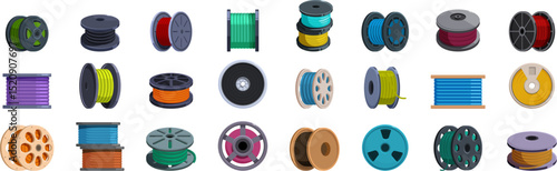Filament spool icons set. Spools of electrical wire and cable in vibrant colors, ideal for industrial projects, representing connectivity and power distribution