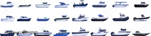 Police boat icons set. Diverse fleet of police patrol boats safeguarding coastal areas, conducting maritime patrols, and ensuring public safety on the water