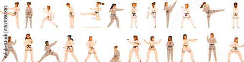 Woman kimono training icons set. Karate practitioners performing various kicks and punches, showcasing martial arts techniques