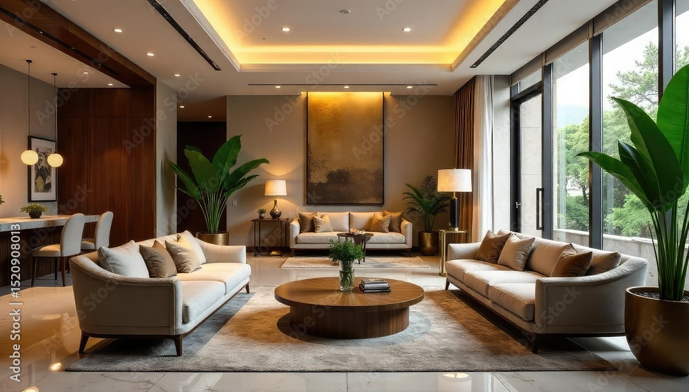 Fototapeta premium Luxurious hotel lobby with plush seating, elegant lighting, and modern art A perfect blend of comfort and sophistication, ideal for relaxation or business meetings , seating, rest