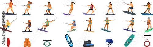 Wakeboard icons set. Wakeboarders riding and performing tricks, along with equipment such as boards, boots, helmet, life vest, and handle, in a colorful icon set