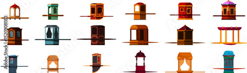 Palanquin icons set. Various palanquin designs showcasing rich cultural heritage and history of human powered transport