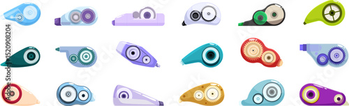 Correction tape icons set. Correction tapes in various colors and styles provide a quick and easy way to fix mistakes while maintaining a neat and professional appearance