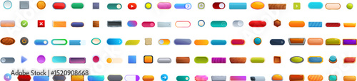 Wide variety of colorful buttons providing play, pause, settings, and directional controls for casual games or apps