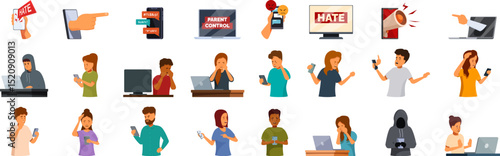 Cyberbullying icons set. Diverse set of icons representing cyberbullying, parental control, and people experiencing online harassment