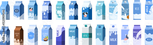 Milk drink box icons set. Collection of milk cartons showcasing diverse flavors like chocolate, coconut, and almond, alongside traditional cow s milk, highlighting variety in the dairy and non dairy