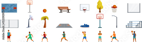 Street basketball court icons set. Basketball icons set showcasing players practicing, courts, equipment, and elements of the game, capturing the energy and excitement of the sport
