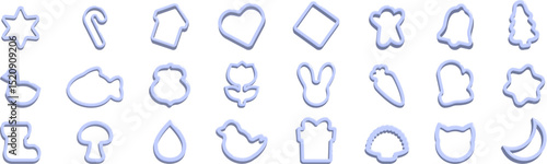 Cookie cutter icons set. Collection of pastel blue cookie cutters representing various shapes, ideal for baking cookies and creating confectionery