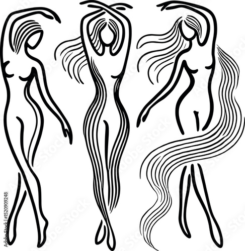 Black-and-white minimalist illustration featuring three elegant female silhouettes with flowing energy lines, forming an abstract oil drop silhouette concept that embodies wellness and feminine balanc