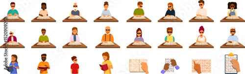People reading braille book icons set. Individuals reading braille books at desks in various settings