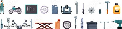 Motorcycle repair icons set. Essential tools and equipment for motorcycle maintenance and repair, featuring a mechanic and various parts