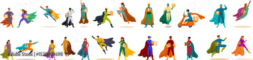 Superheroes courier icons set. Diverse couriers wearing superhero capes, delivering packages with speed and efficiency, symbolizing fast and reliable shipping services