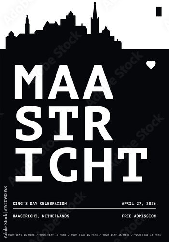 Maastricht typography minimalist vector poster for national event, public holiday, independence day, summer festival layout. Brochure, leaflet, flyer, presentation image template for Netherlands