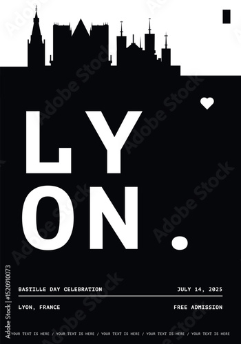 Lyon typography minimalist vector poster for national event, public holiday, independence day, festival layout. Brochure, leaflet, flyer, presentation image template for France city