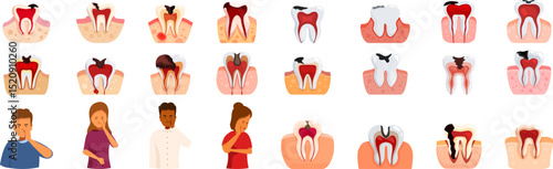 Abscess tooth icons set. Set of icons showing different stages of tooth decay and people suffering from toothache