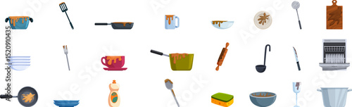 Dirty dishes icons set. Kitchen utensils and dinnerware covered in food scraps, sauce, and grease, awaiting cleaning