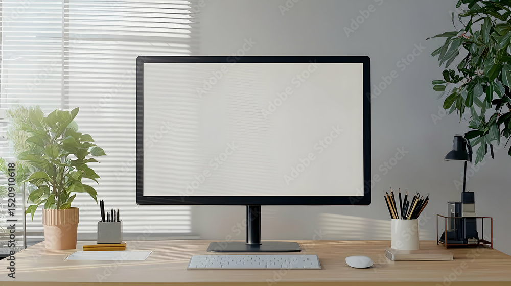 Fototapeta premium Modern Empty Computer Monitor On Light Wooden Desk With Plants