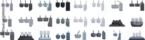 Car pedals icons set. Various car pedals ensure precise control over acceleration, braking, and clutching, enhancing driving experience and safety