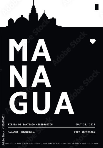 Managua typography minimalist vector poster for national event, public holiday, independence day, summer festival layout. Brochure, leaflet, flyer, presentation image template for Nicaragua