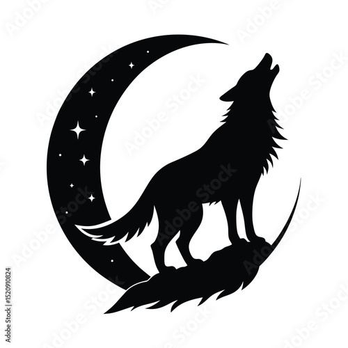 Wolf Howling At Moon Vector Silhouette